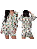 Womens Satin Christmas Pajamas Sets Print Button Up Long Sleeve Lapel V Neck Tops and Shorts Lounge Wear 2 Pieces Suits