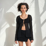 Spring Summer Women Solid Color Split Tie Front Tops See Through Frill Trim Square Neck Long Puff Sleeve Mesh Shirts
