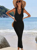 S - XL 2025 V Neck Hollow Out Crochet Knitted Tunic Beach Cover Up Long Cover-ups Beach Dress Beach Wear Beachwear Female Women