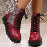 Retro Red Bling Shiny Boots for Women Lace Up Plus Size Ankle Boots Woman Spring Autumn Round Toe Thick Bottom Botas Mujer