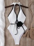 3D Flower Belt V Neck Splicing Halter Slim Women Swimwear One Piece Swimsuit Female Backless Monokini Bather Bathing Suit Swim