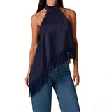 Women's Summer Solid Color Satin Halter Mock Neck Tops Sleeveless Tassel Hem Loose Fit Tank Tops