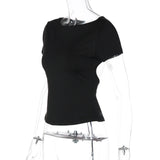 FDYOUI Fashion Casual Backless Lace-up T-shirts Women's Summer O-neck Short Sleeve Cropped Tops Streetwear Y2K Solid Tee Shirt