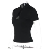 FDYOUI Fashion Stand Collar Button Hollow Out T-shirt for Women 2026 Sexy Short Sleeve Slim Cropped T Shirts Black Wine Red Tops