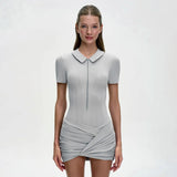 FDYOUI Women's Polo Collar Zip-up Jumpsuit Dress Chic Short Sleeve Folds Solid Bodysuits One Piece Yoga Fitness Sporty Playsuits
