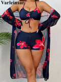 S - XL Long Sleeve Cover Up Flowers Bikini Female Swimsuit Three-Pieces Bikini Set Women Swimwear Bather Bathing Suit Swim V7232