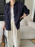Women White Linen Blend Button Down Shirt Turn Down Collar Chest Pocket Loose Fit Blouse For Summer And Vacation Outfit KY7U