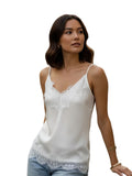 Fashion Summer Satin Tank Tops Women Solid Color Deep V Neck Sleeveless Adjustable Spaghetti Strap Lace Patchwork Vest