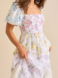 Women Summer Floral Print Dress Square Neck Puff Short Sleeve Ruffle Hem A-Line Dress Retro Casual Streetwear