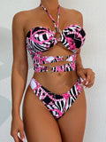 2026 Halter Swimsuit One Piece Sexy Print Ring Link Hollow Swimwear Women Bathing Swimming Swim Suit Padded Beachwear Summer XXL