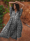 Foridol Lantern Half Sleeve Cyan Bohemian Beach Midi Loose Dress Summer for Women Tie Up Casual Floral Holiday Midi Vestidos