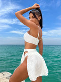 Sexy White Black 3 Piece Bikinis Sets Women Front Bow Push Up Split Mesh Skirt Swimsuit 2026 Beach Bathing Suit Thong Swimwear
