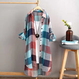 Long Sleeve Lapel Oversized Shirts Women Shirt Plaid Print Irregular Hem Single-breasted Soft Breathable Lady Long Top