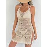 Crochet Knitted Hollow Out Halter Mini Dress Tunic Beach Cover Up Cover-ups Beach Dress Beach Wear Beachwear Female Women V8210