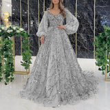 Women Evening Dress Lantern Sleeve V Neck Shiny Sequin A-line Double-layered Floor Length Mesh Cocktail Party Dress Prom Gown