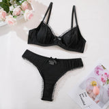 2Pcs Bra & Brief Set for Women Sexy White Ruffle Mesh Perspective Bow Patchwork Bra Bilizna Set Underwear Ultra Thin Intimate