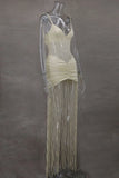 Tassel Hem Splicing Sling Dress Women Sexy Waist Hollow Out Stretch Pleated Bodycon Dresses Female Solid Summer Beach Party Robe