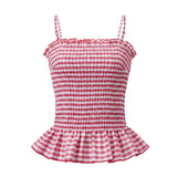 Summer Women Smocked Tank Tops Spaghetti Strap Plaid Ruffle Camisole Fashion Sleeveless Vest Shirts Streetwear