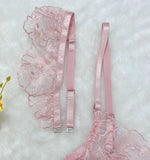 sexy lingerie embroidered see-through mesh bra with underwire four-piece set