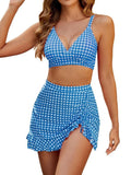 Vintage Black Plaid Drawstring Side Skirt 3 Piece Bikini Set 2026 Swimwear Women V Neck Push Up High Waist Swimsuit Beachwear