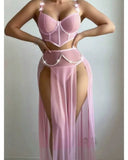 Women Sexy Lingerie Dress for Bow Knot Patchwork Mesh See-through Bra and Skirt Panties Set Underwear Erotic Lingerie