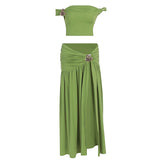 Summer Skirt Set Women Metal Flower Sexy Off Shoulder Slim Crop Top High Slit Skirt Sets Fashion Backless Pleated 2 Piece Suits