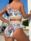 2026 Paisley Print Chevron Tape One Shoulder Swimsuit Women Bikini Swimwear Female Bathers Bathing Swimming Swim Suit Beachwear