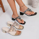 French Block Heel Pinch-on Flip-flops Summer Wear New Metal Embellished Plus-size Women's Shoes