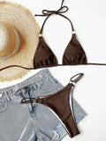 Women Solid Halter Bikini Sets Two Pieces Swimsuit Wine Red and Brown Swimwear 2024 Micro Bikini Biquini Conjunto De Bikini
