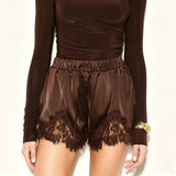 Women's Solid Color Satin Mini Shorts Lace Patchwork Drawstring Elastic Waist Casual Summer Lounge Shorts