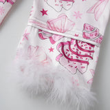 Women's Christmas 2 Pieces Pajamas Set Bow Print Fur Trim Button Down Long Sleeve Lapel V Neck Tops and Pants Lounge Wear