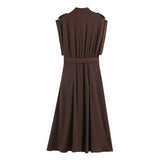 Women's Fashion Midi Dress Brown Sleeveless Shirt Dress For Women Shoulder Details Buttoned Waist Button Elegant For Wear PS9Y