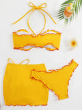 3D Flowers with Mesh Skirt Halter Bandeau Bikini Women Swimsuit Female Swimwear Three-pieces Bikini Set Bathing Suit Beachwear