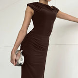FDYOUI Woman Clothes Diagonal Collar Ruched Brown Long Dresses 2026 Summer Lady Chic One Shoulder Sleeveless Tunics Party Dress