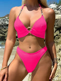 Push Up Ribbed Halter Bra Cup Bikini Female Swimsuit Women Swimwear Three-pieces Bikini Set Diamond Link Bathing Suit Swim Lady