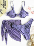Marble Print V-Bar Underwired Bikini Women Swimsuit Female Swimwear Three-pieces Bikini Set Push Up Bathing Suit Beach Sarong