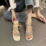 Fairy Style Rhinestone Thick Heel Sandals Women's Summer Versatile Square Head Skirt One Strap Two Wear Slip-On Shoes