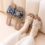 Breathable Indoor Linen Slippers For Women Men Home Floor Shoes Chinese Style Emrobidery Anti-slip Couples House Bedroom Slides