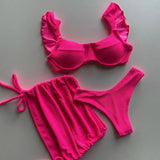 Solid Wavy Fabric Low Waist Bikini Set Cover Up Swimsuit For Women Push Up Ruffle Three Pieces Swimwear 2026 Beach Bathing Suits