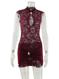 Ahagaga Sexy Club Women's Mini Dresses Lace Patchwork Hollow Out Sheath Slim Fit Half High Collar Folds Bodycon Streetwear Trend