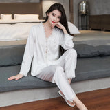 Spring and summer ice silk pajamas sexy lace long-sleeved cardigan home wear set
