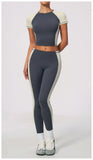 Nake Yoga Set Women's Tracksuit Color Contrast Short Sleeve Slim Sports T Shirts High Waist Leggings Fitness Clothes Gym Outfits