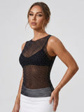 Women Sheer Rhinestones Tank Tops Mesh Sleeveless Shirt Aesthetic Beach Club Sexy Basic Vest Streetwear Summer