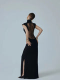 Ahagaga Fashion Sexy Women's Maxi Dresses Turtleneck Short Sleeves Hollow Out Lace Patchwork Sheath Split Party Solid Vestidos