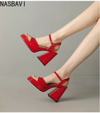 NASBAVI Women Patent Leather Sandals Super Chunky High Heeled Ankle Buckle Shoes Platform Summer Thick Heel Sandal Ladies 35-43