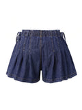 Womens Loose Fit Denim Shorts Drawstring Elastic Mid Rise Pleated Wide Leg Short Pants Casual Stylish Summer Skorts
