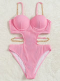Sexy Push Up Underwire One Piece Swimsuit Women Solid Pink Metal Chain Hollow Out Ribbed Bathing Suit Backless Swimwear Monokini