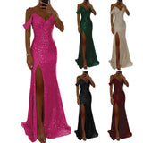 Women Evening Dress Off Shoulder V Neck Side Slit Floor Length Sequin Ball Gown Sleeveless Prom Wedding Party Banquet Maxi Dress