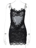 FDYOUI Spaghetti Strap See-through Mesh Dress Women Sleeveless Lace Patchwork Mini Party Dresses White Black Night Club Outfit