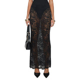 Summer Women's Sheer Floral Lace Elegant Skirt Elastic Waist See Through Sexy Long Skirt for Party Beach Streetwear